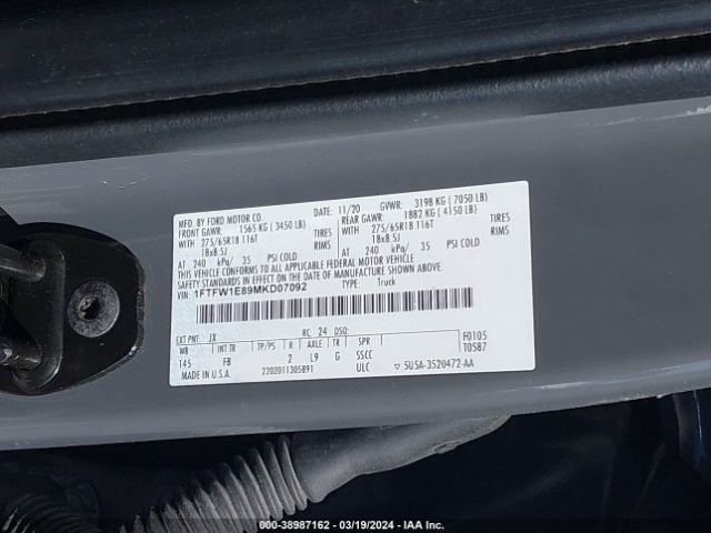 1FTFW1E89MKD07092 Ford F-150 Xlt