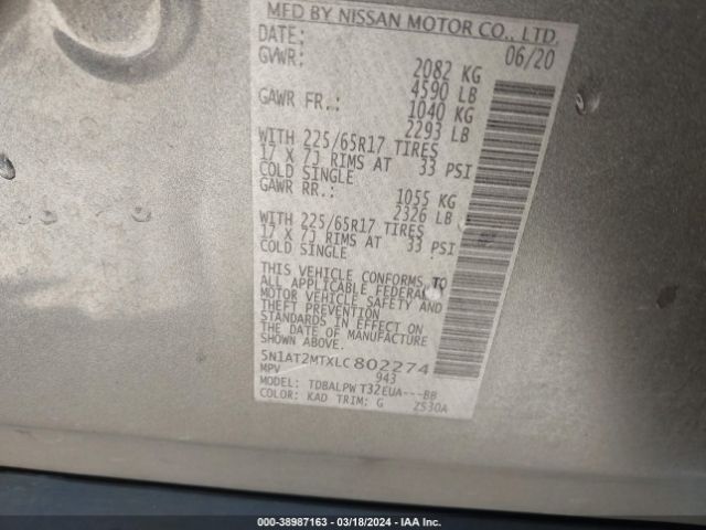 5N1AT2MTXLC802274 Nissan Rogue S Fwd