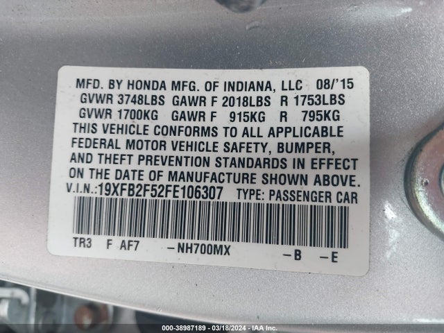Honda Civic Lx 2015 19XFB2F52FE106307 Image 9