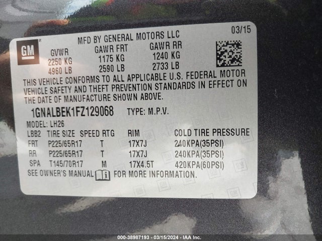 Chevrolet EQUINOX 1LT 2015 1GNALBEK1FZ129068 Image 9
