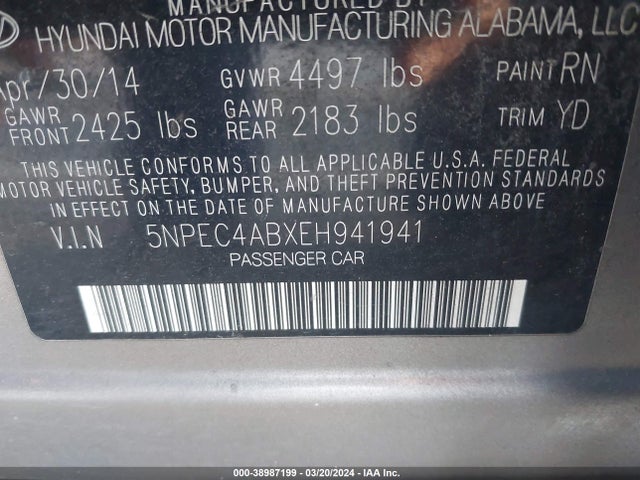 Hyundai Sonata Limited 2.0t 2014 5NPEC4ABXEH941941 Image 9