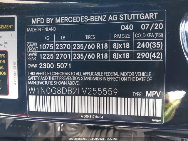 W1N0G8DB2LV255559 Mercedes-Benz GLC 300