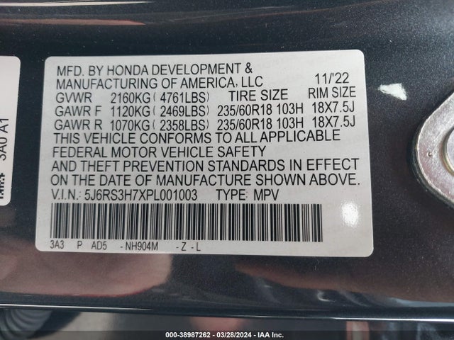 Honda Cr-v Ex-l 2wd 2023 5J6RS3H7XPL001003 Image 9