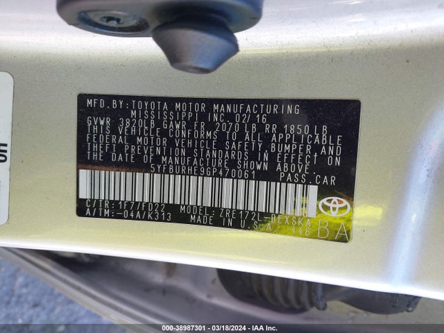 Toyota Corolla S Plus 2016 5YFBURHE9GP470061 Image 9
