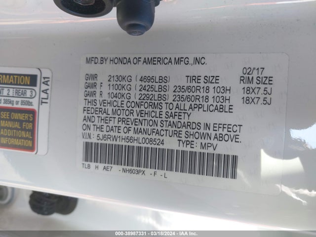 Honda CR-V EX 2017 5J6RW1H56HL008524 Image 9