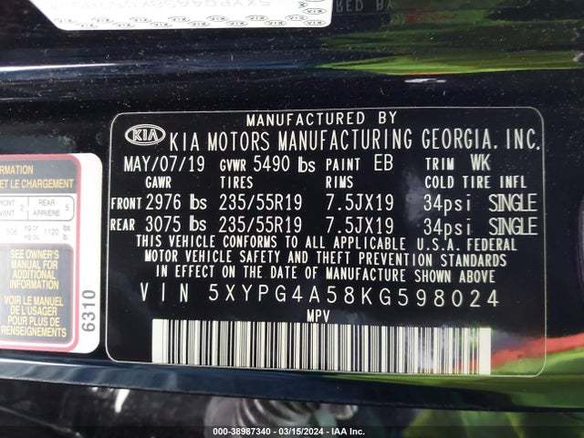 KIA Sorento 3.3l S 2019 5XYPG4A58KG598024 Image 9