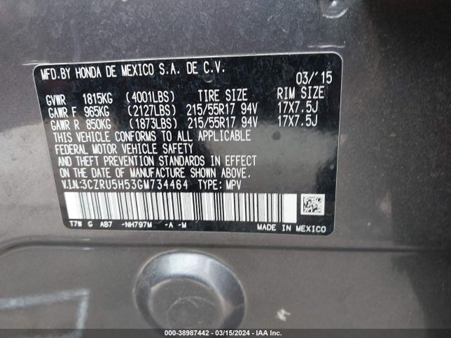 Honda HR-V EX 2016 3CZRU5H53GM734464 Image 9