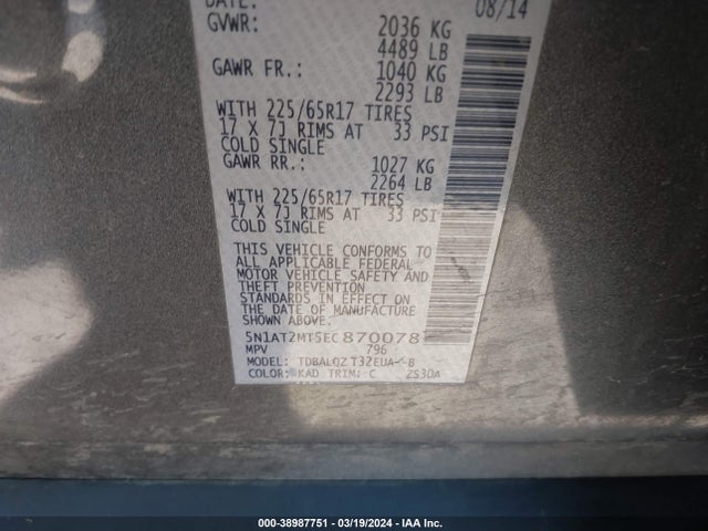 Nissan ROGUE SV 2014 5N1AT2MT5EC870078 Image 9