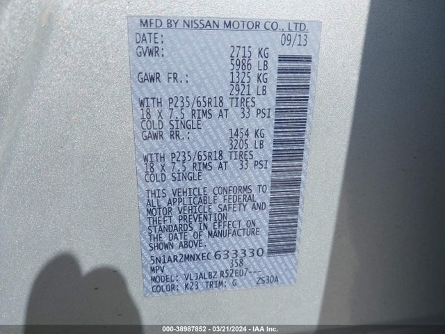 Nissan Pathfinder S 2014 5N1AR2MNXEC633330 Image 9