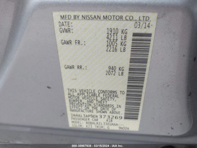1N4AL3AP9EN373269 Nissan Altima 2.5/2.5 S/2.5 Sl/2.5 Sv