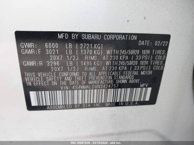Subaru Ascent Limited 2022 4S4WMALDXN3424757 Image 9
