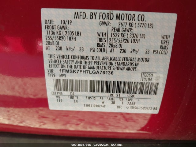Ford Explorer Limited 2020 1FMSK7FH7LGA76136 Image 9