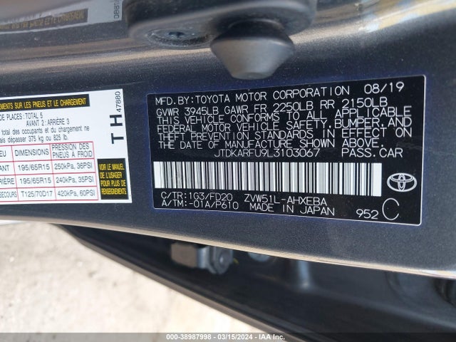 Toyota Prius Le 2020 JTDKARFU9L3103067 Image 9