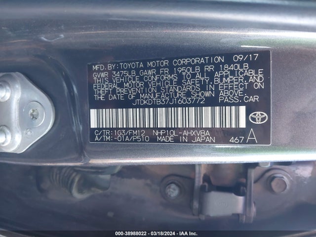 Toyota Prius C Two 2018 JTDKDTB37J1603772 Image 9