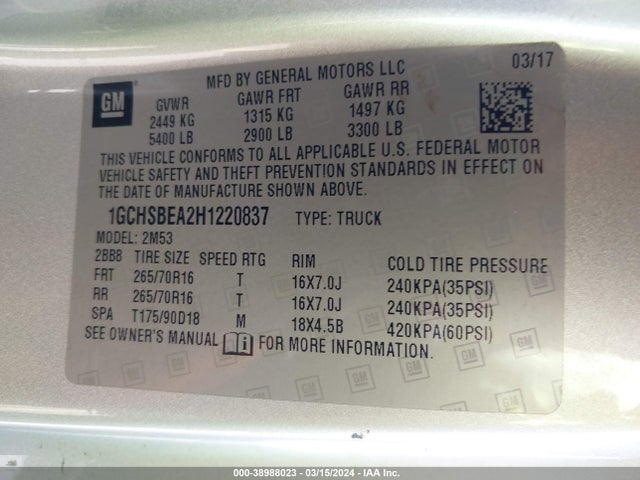 Chevrolet Colorado Wt 2017 1GCHSBEA2H1220837 Image 9