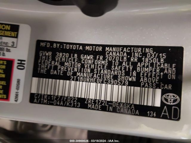 2T1BURHE0FC390579 Toyota Corolla S Plus