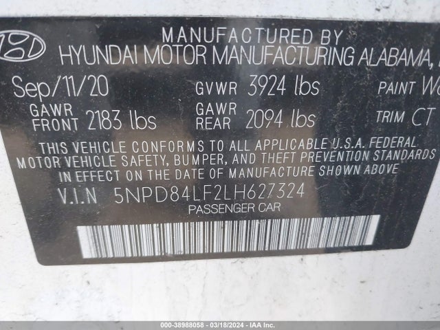 Hyundai Elantra Value Edition 2020 5NPD84LF2LH627324 Image 9