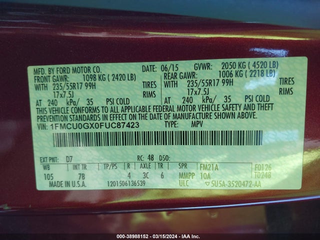 Ford ESCAPE SE 2015 1FMCU0GX0FUC87423 Image 9