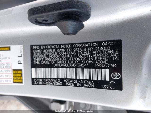 Toyota COROLLA SE 2021 JTNB4MBEXM3134544 Image 9