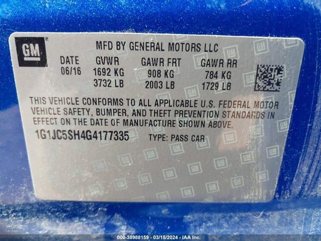 Chevrolet Sonic Lt Auto 2016 1G1JC5SH4G4177335 Image 9