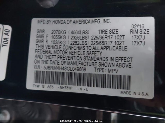 Honda CR-V SE 2016 5J6RM4H48GL049668 Image 9