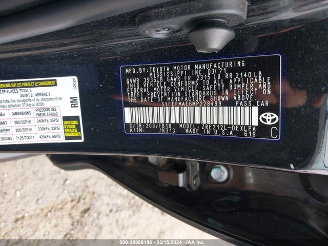 Toyota COROLLA LE 2021 5YFEPMAE6MP228499 Image 9