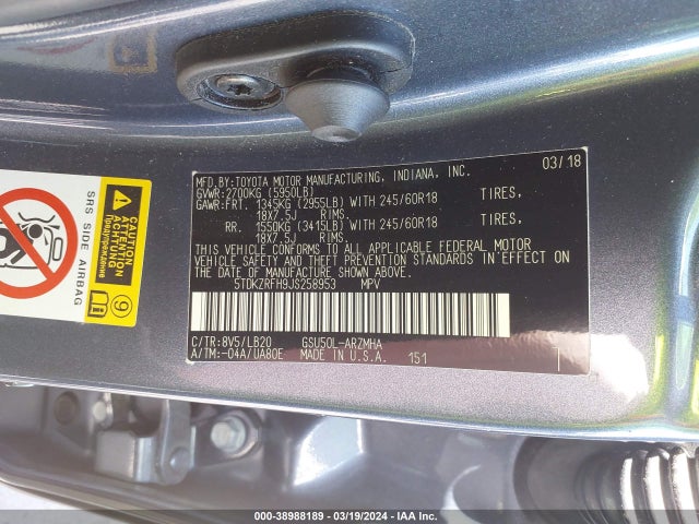 Toyota Highlander Xle 2018 5TDKZRFH9JS258953 Image 9