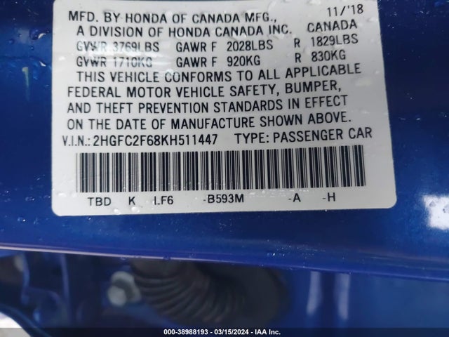 Honda Civic Lx 2019 2HGFC2F68KH511447 Image 9