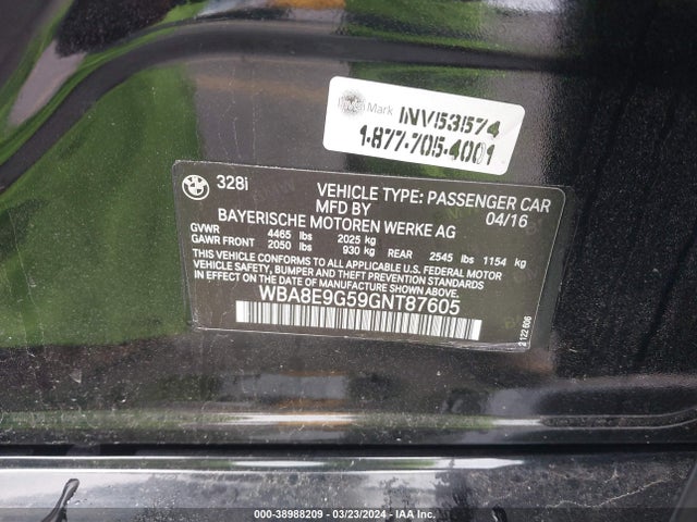 BMW 328I 2016 WBA8E9G59GNT87605 Image 9