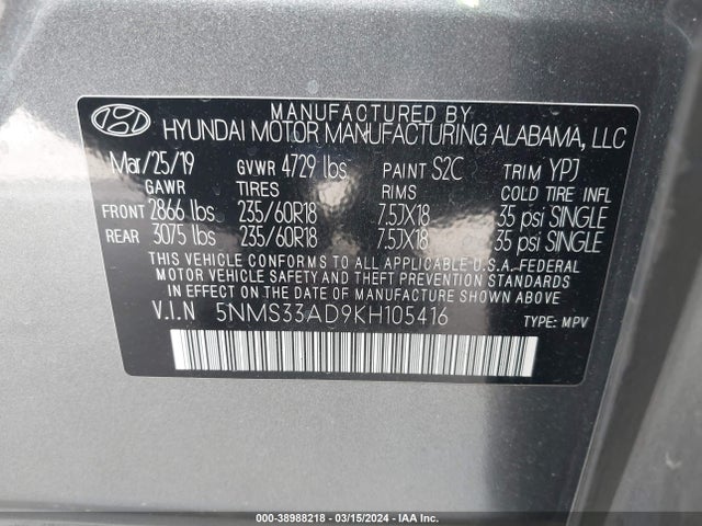 5NMS33AD9KH105416 Hyundai Santa Fe Sel Plus