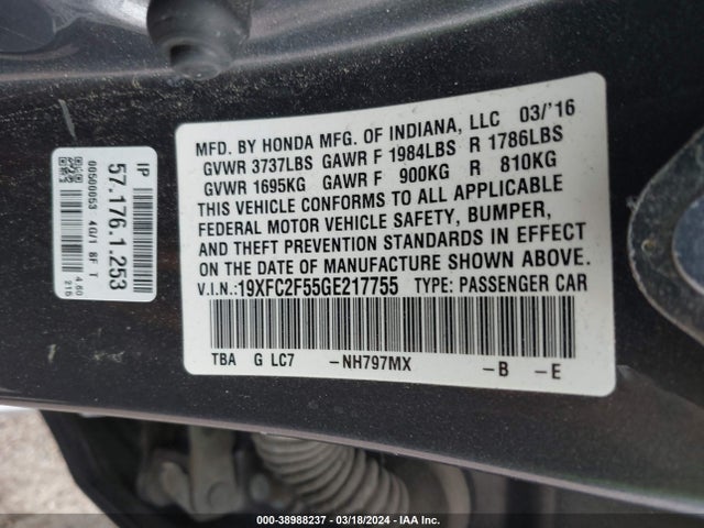 Honda Civic Lx 2016 19XFC2F55GE217755 Image 9