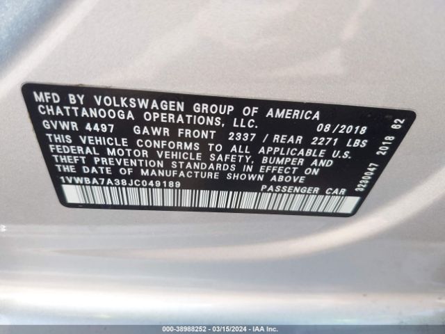 1VWBA7A38JC049189 Volkswagen Passat 2.0t Se