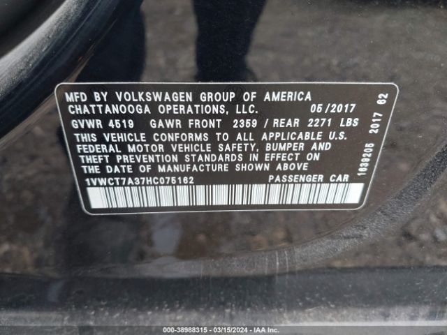1VWCT7A37HC075162 Volkswagen Passat 1.8t Sel Premium