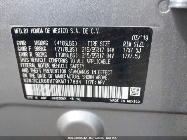 3CZRU6H79KM717894 Honda Hr-v Ex-l
