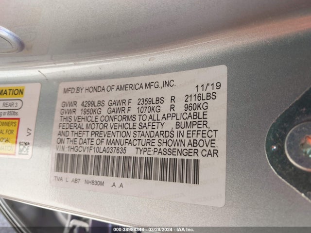 Honda ACCORD LX 2020 1HGCV1F10LA037635 Image 9