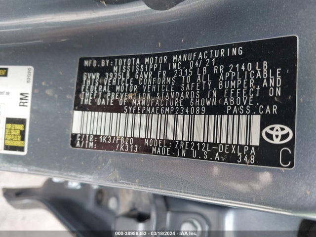 Toyota COROLLA LE 2021 5YFEPMAE6MP234089 Image 9
