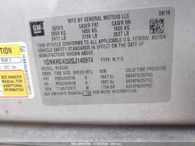 1GNKRGKD2GJ140974 Chevrolet Traverse 1lt