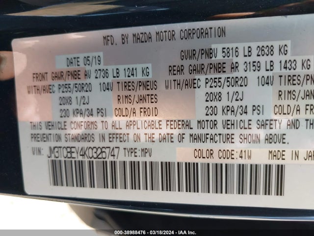 JM3TCBEY4K0326747 Mazda Cx-9 Signature