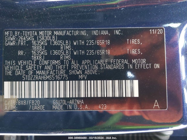 Toyota Highlander Le 2021 5TDZZRAH6MS516775 Image 9
