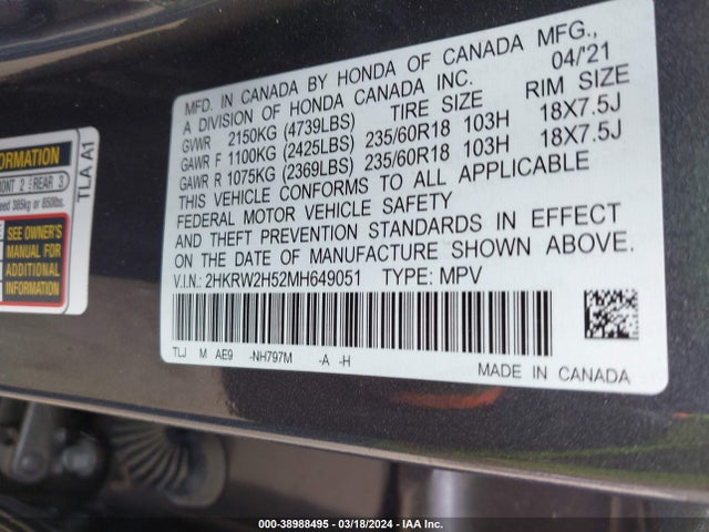 Honda Cr-v Awd Ex 2021 2HKRW2H52MH649051 Image 9