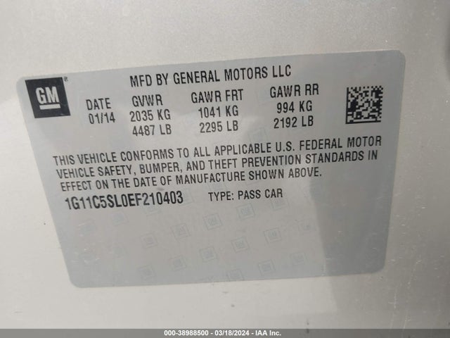 Chevrolet MALIBU 1LT 2014 1G11C5SL0EF210403 Image 9