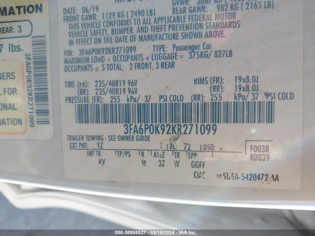 Ford Fusion Titanium 2019 3FA6P0K92KR271099 Image 9