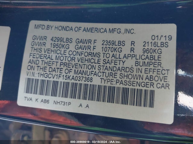 Honda ACCORD LX 2019 1HGCV1F15KA037368 Image 9