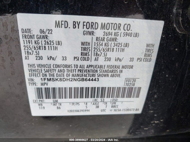 Ford EXPLORER XLT 2022 1FMSK8DH2NGB64443 Image 9