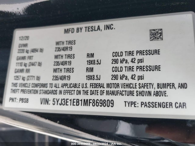 Tesla Model 3 Long Range Dual Motor All-wheel Drive 2021 5YJ3E1EB1MF869809 Image 9