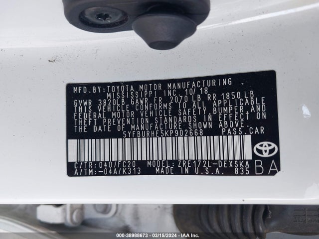 Toyota COROLLA SE 2019 5YFBURHE5KP902668 Image 9