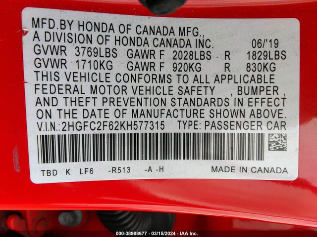 Honda Civic Lx 2019 2HGFC2F62KH577315 Image 9