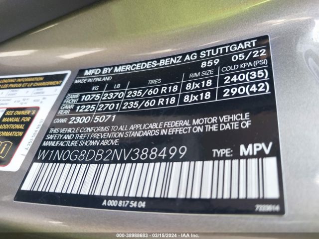 W1N0G8DB2NV388499 Mercedes-Benz Glc 300 Suv