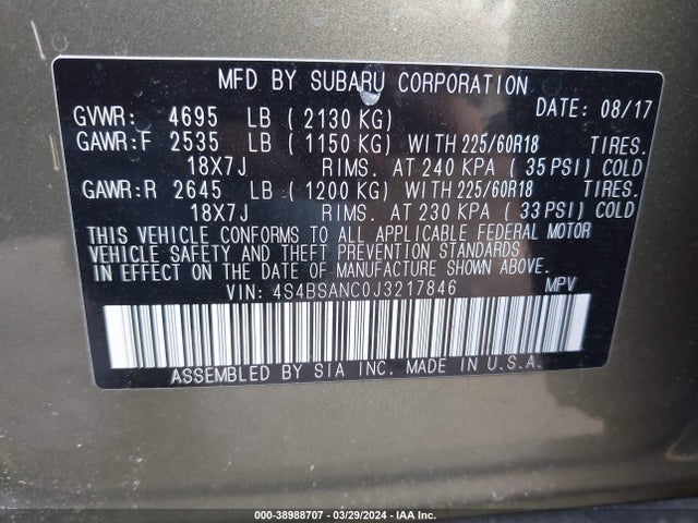 Subaru Outback 2.5i Limited 2018 4S4BSANC0J3217846 Image 9