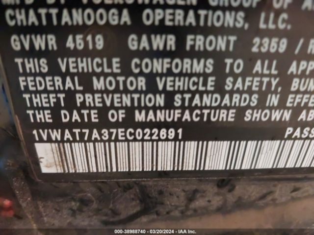 1VWAT7A37EC022691 Volkswagen Passat 1.8t Wolfsburg Edition